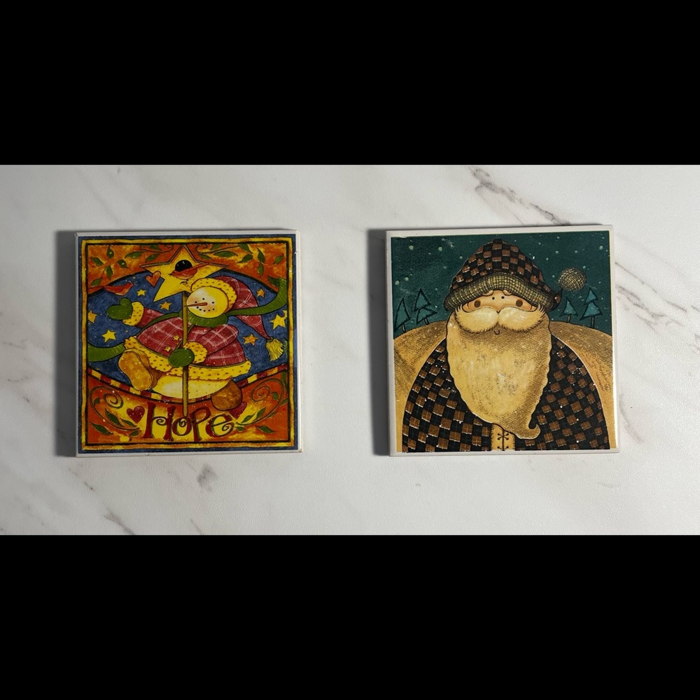 2 Vintage Darice Ceramic Tile Trivet Christmas Santa & Hope Snowman 4” Cork Back